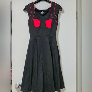 Hearts & Roses Black+Red Retro Inspired Pin Up Style Dress Bikercore Bow Size XS